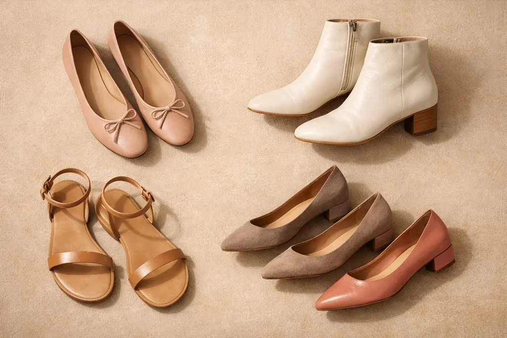 Curated selection of everyday women’s shoes including ballerinas, ankle boots, and pumps