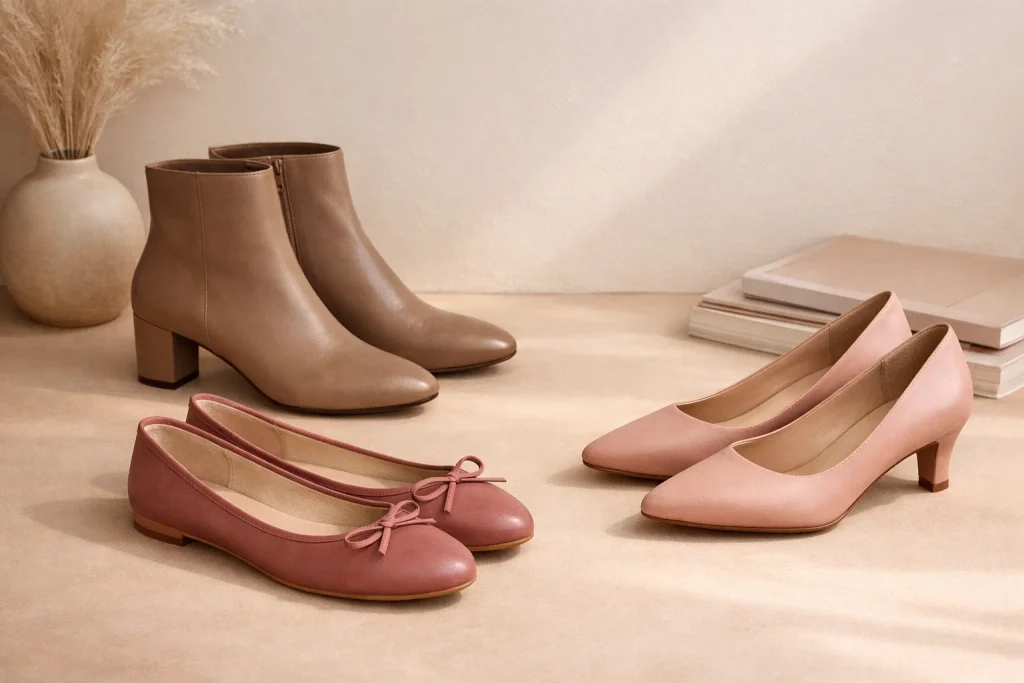 Women’s ankle boots, ballerinas, and pumps styled for different occasions