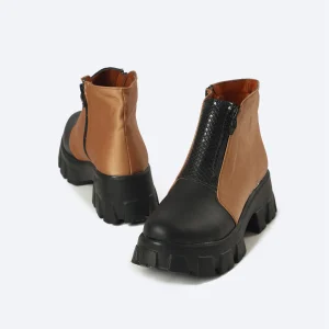 ZAHWA Zipped Chunky Ankle Boots – Satin Leather Texture Heeled Half Boots