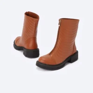 ZAHWA beige zipped chunky leather half boots with solid pattern