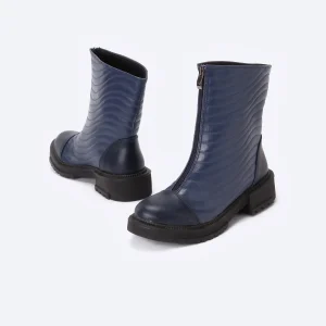 ZAHWA blue chunky mid calf leather boots with zipper closure