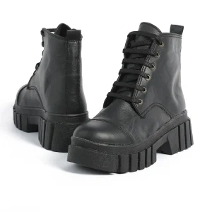 ZAHWA black lace up leather combat ankle boots for women