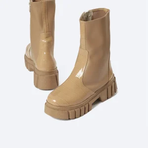 ZAHWA beige chunky platform leather mid calf boots with zipper