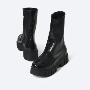 ZAHWA black zipped platform mid calf leather boots for women