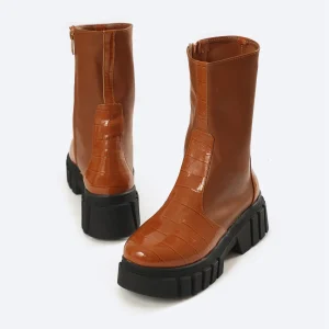 ZAHWA havan brown chunky zipped leather boots for women