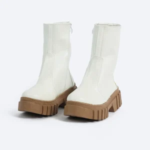 ZAHWA white chunky platform mid calf boots with zipper closure