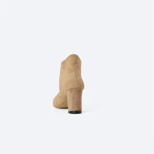 ZAHWA beige suede ankle boot back view showing heel design