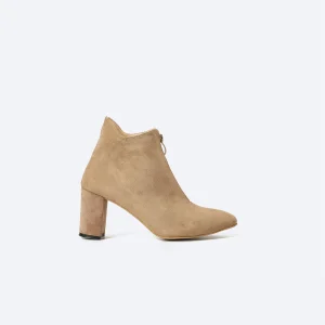 ZAHWA beige suede ankle boot front angle view