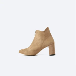 ZAHWA beige suede ankle boot profile view with zipper