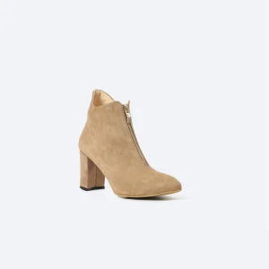 ZAHWA beige suede heeled ankle boot side view with mid heel