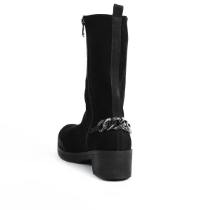 ZAHWA black suede high ankle boots back view with chain detail