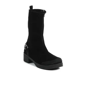 ZAHWA black elastic suede ankle boots front angle view with zipper