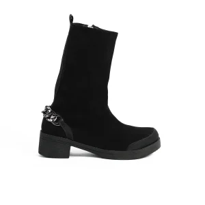 ZAHWA black suede high ankle boots opposite side with metal chain