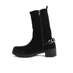 ZAHWA black elastic suede high ankle boots side view with chain detail