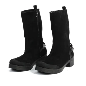 ZAHWA black suede chain high ankle boots for women with zipper closure