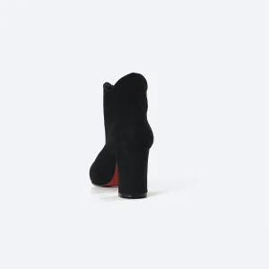 ZAHWA black suede ankle boot back view showing heel and zipper