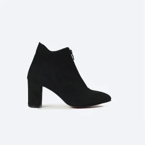 ZAHWA black suede ankle boot front angle view with mid heel