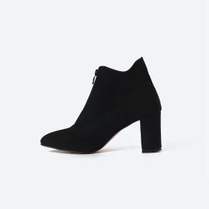 ZAHWA black suede ankle boot profile view with comfortable heel