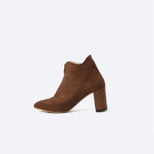 ZAHWA brown suede ankle boot profile view with mid heel