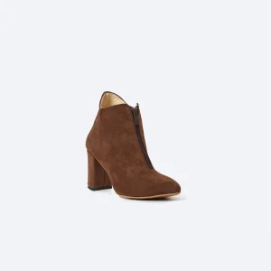 ZAHWA brown suede heeled ankle boot side view with zipper closure