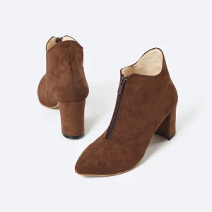 Pair of ZAHWA brown suede heeled ankle boots for women