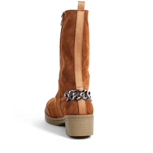 ZAHWA camel suede high ankle boots back view with chain detail