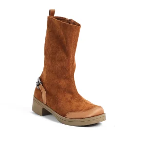 ZAHWA camel elastic suede ankle boots front angle view with zipper