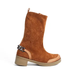 ZAHWA camel suede high ankle boots opposite side with metal chain