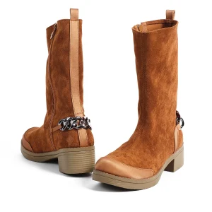 Pair of ZAHWA camel elastic suede high ankle boots with chain detail