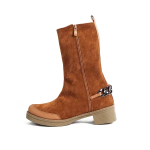 ZAHWA camel elastic suede high ankle boots side view with chain detail