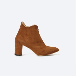 ZAHWA havan suede heeled ankle boot angled front view