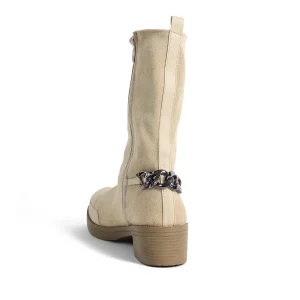 ZAHWA off white elastic suede ankle boots front angle view with zipper