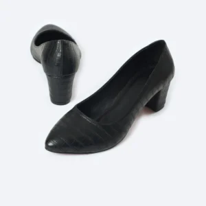 ZAHWA black crocodile texture mid heel pumps front angled view