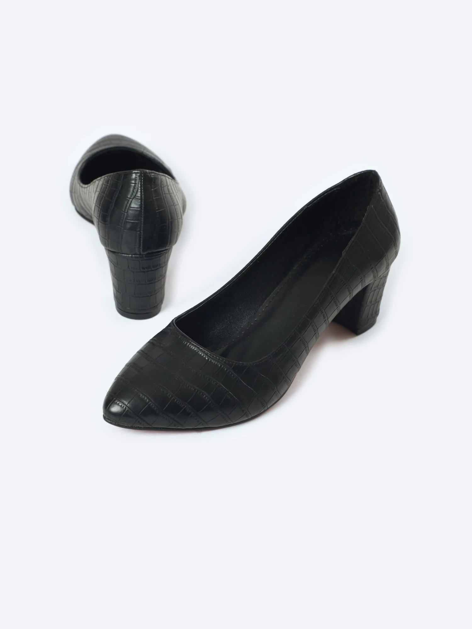 ZAHWA black crocodile texture mid heel pumps front angled view