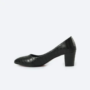 ZAHWA black crocodile texture block heel pumps side profile