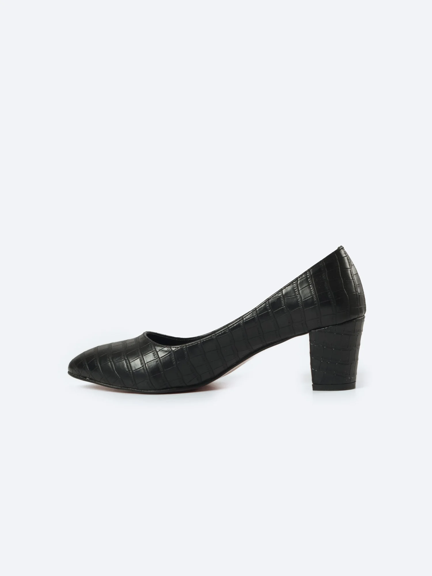 ZAHWA black crocodile texture block heel pumps side profile
