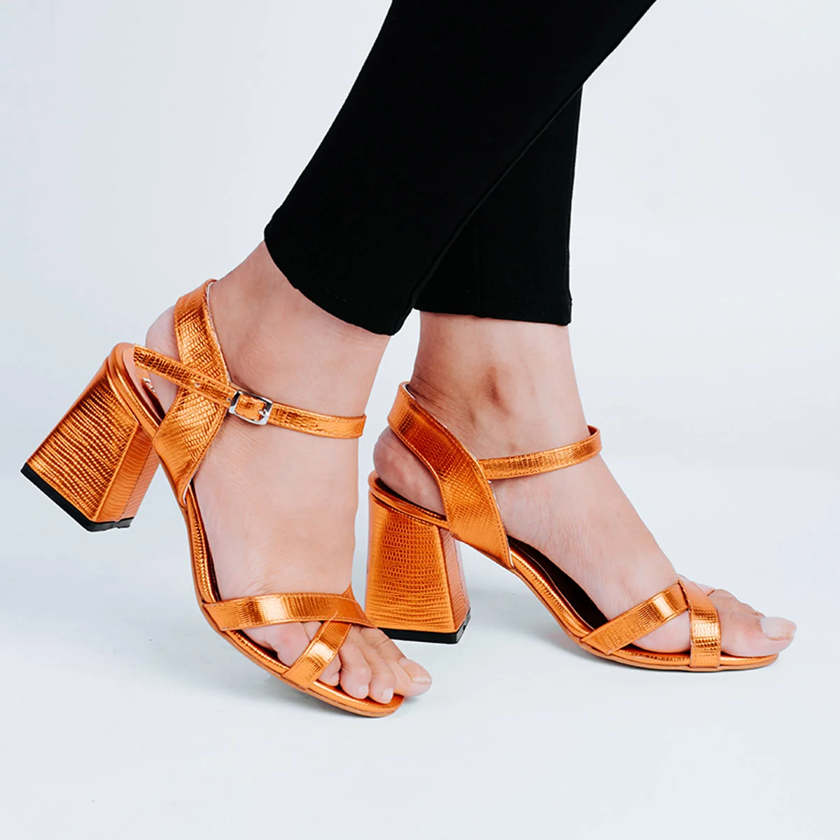 ZAHWA Cross Single Strap Block Heel Sandals – Women's Metallic Open Toe Buckle Closure Heels - Image 2