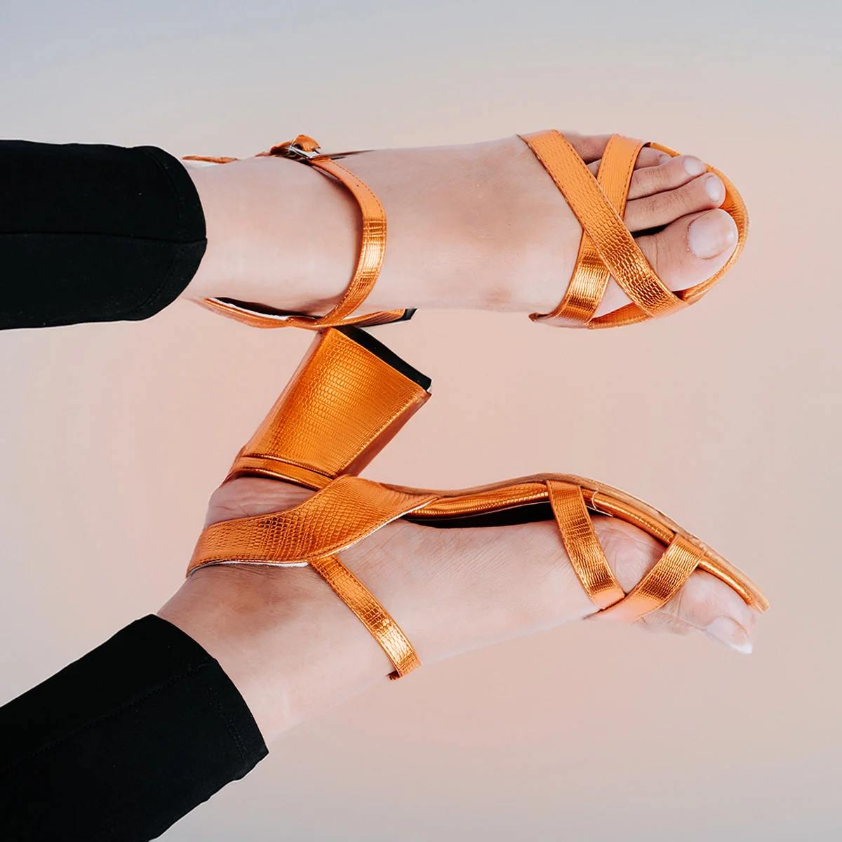 ZAHWA Cross Single Strap Block Heel Sandals – Women's Metallic Open Toe Buckle Closure Heels - Image 3