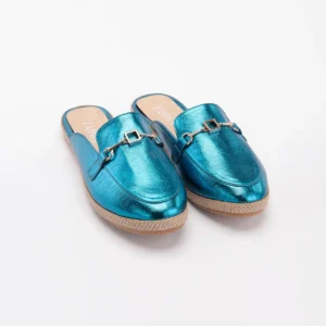 Aqua metallic flat mule for women with elegant horsebit hardware and comfortable slip-on styling