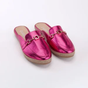 Fuchsia metallic flat mule for women featuring elegant horsebit hardware and a comfortable slip-on design