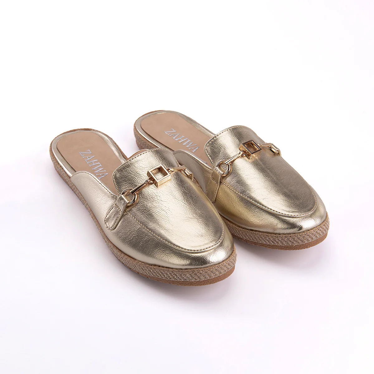 Gold metallic flat mule for women with elegant horsebit hardware and a comfortable slip-on design