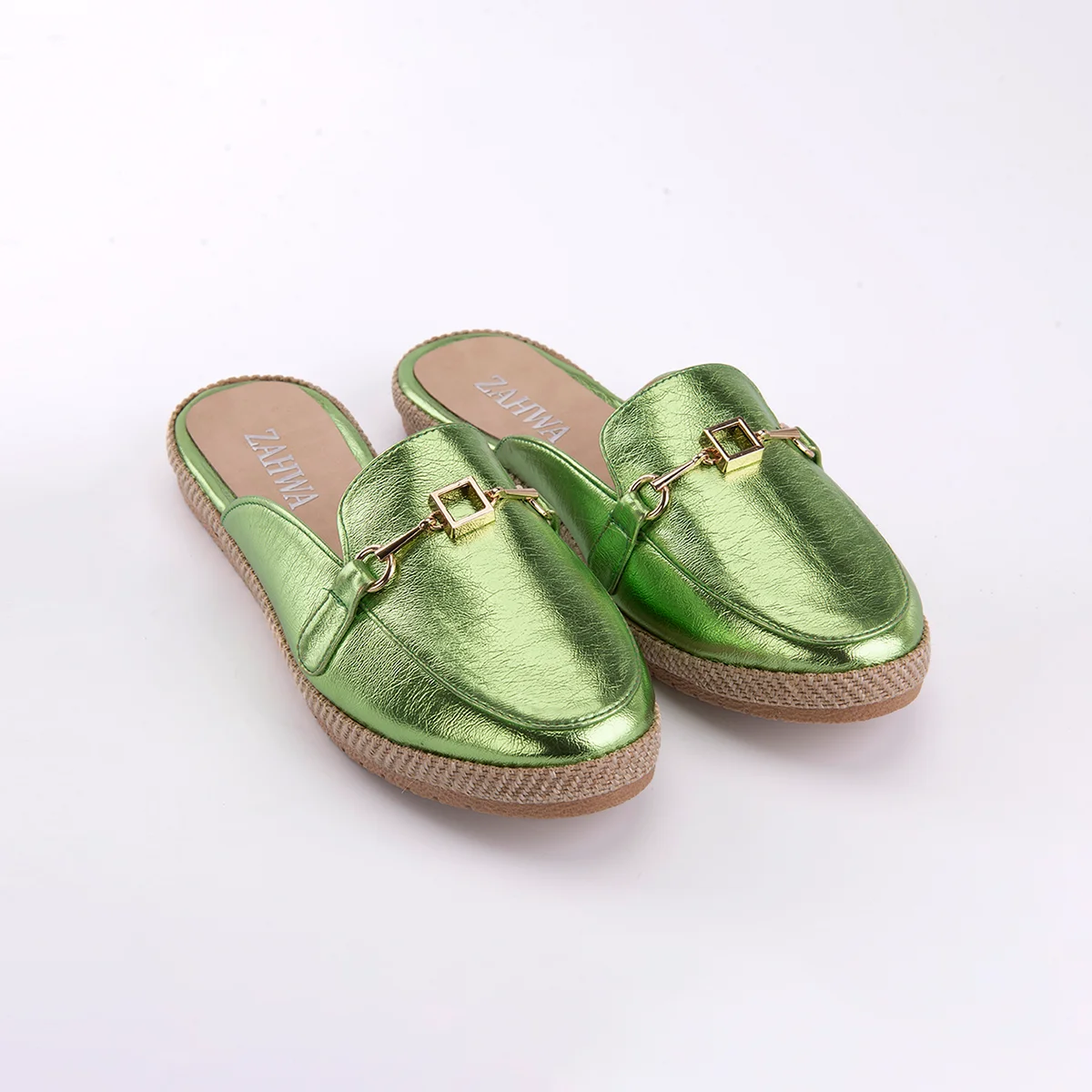 ZAHWA Metallic Flat Mule Green